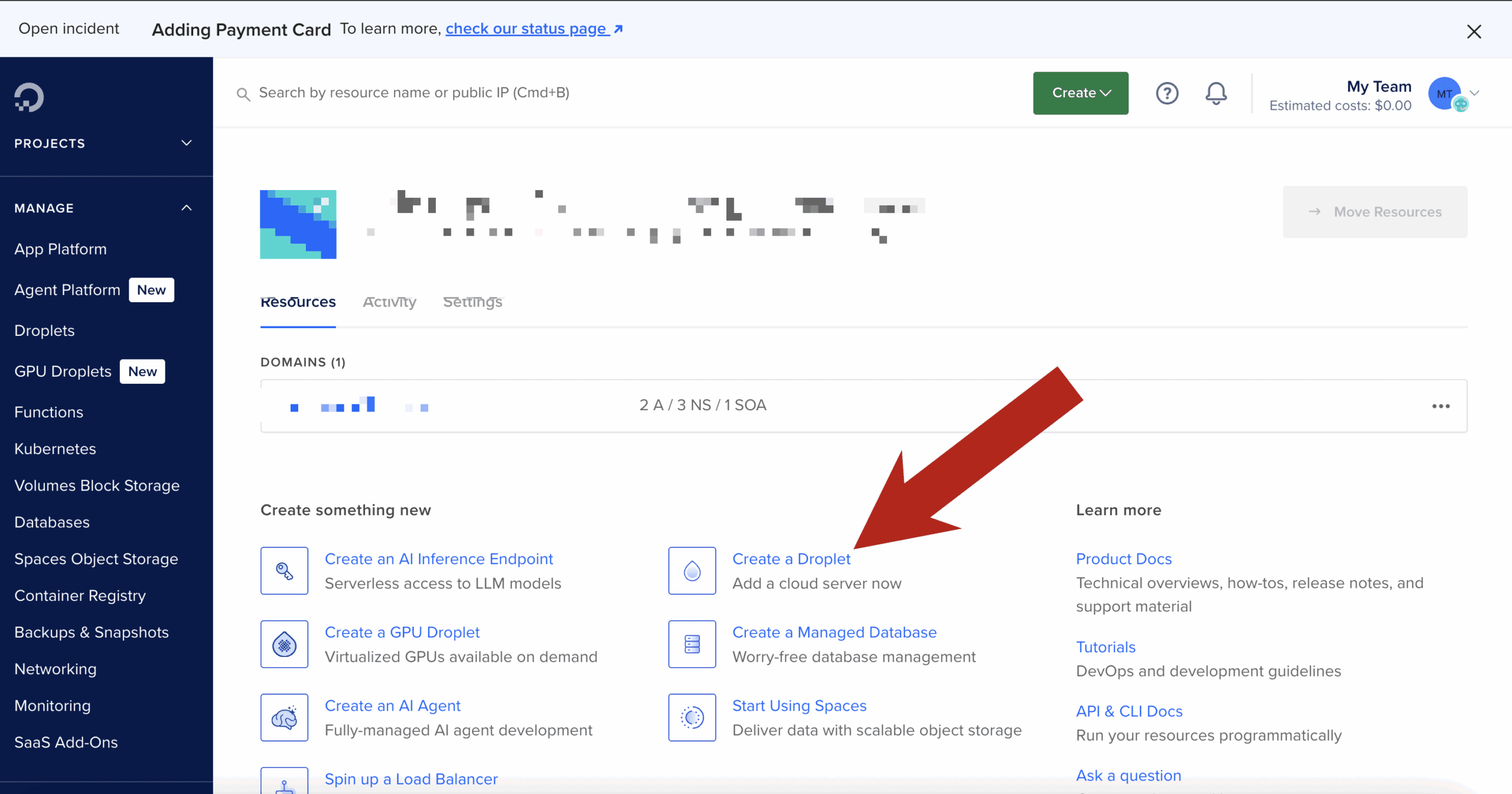 DigitalOcean Create Droplet interface